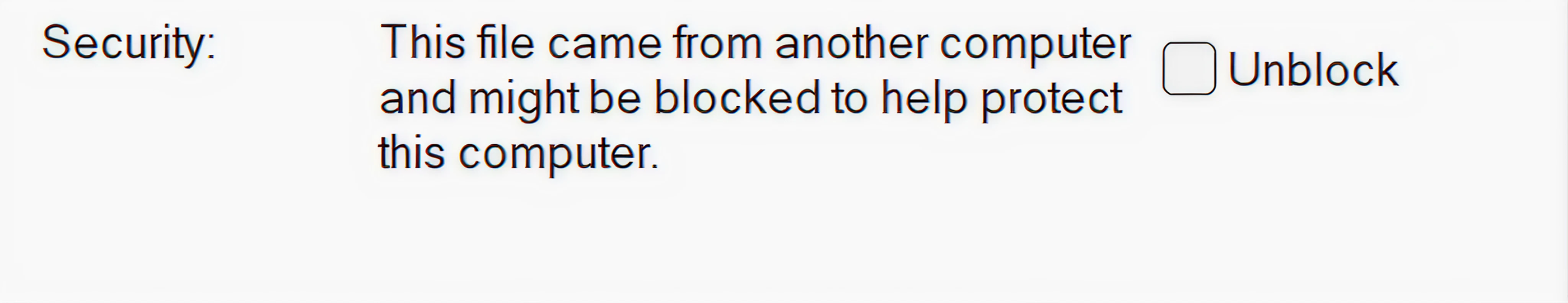 Security warning about a file from another computer with an unblock option.